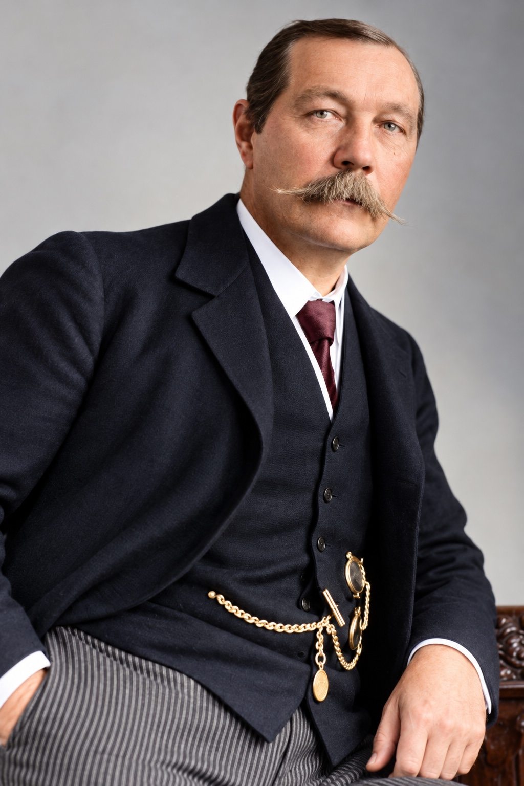 Arthur Conan Doyle, assis en costume, une chaîne de montre au gilet. Portrait historique modernisé et colorisé par IA